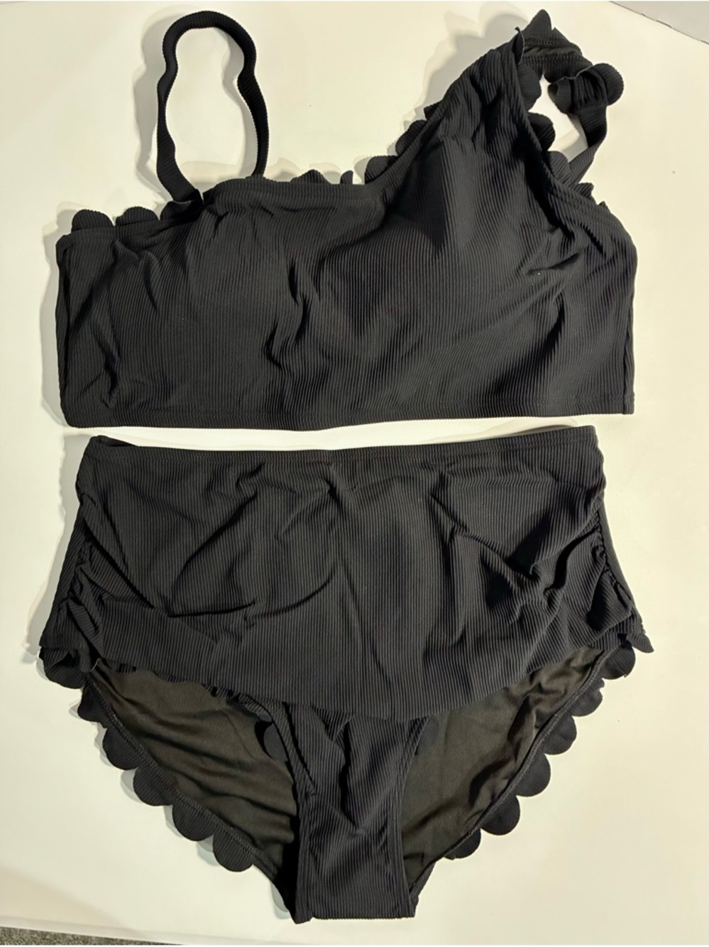 Charmo One-Shoulder Black Scalloped High-Waist Bikini Set - Picture 2 of 8